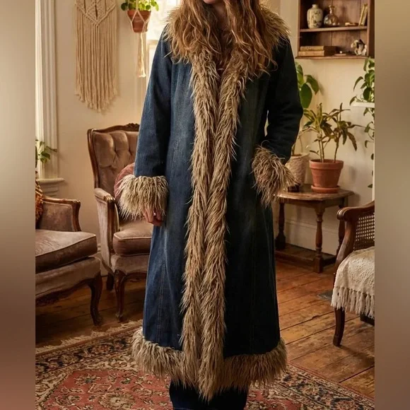 Vintage y2k 90s  Denim maxi “penny lane” coat with faux fur trim - Picture 8 of 8